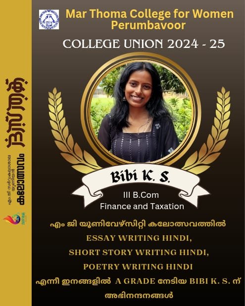 MG University Arts Fest- Dasthak 2025: Ms. Bibi K S of III B. Com. Finance & Taxation achieved A grades in Hindi Essay Writing, Hindi Short Story Writing & Hindi Poetry Writing